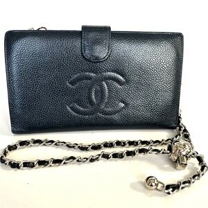 CHA-NEL CC Logo Black Caviar Leather Wallet on Chain